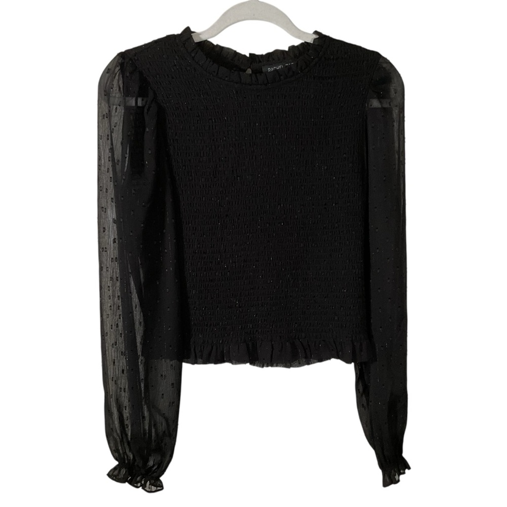 Rachel Zoe Women’s Black Sheer Sleeves Stretch Bodice Ruffled Edges Blouse. Sz M